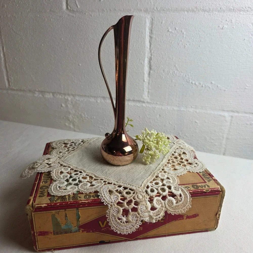 Vintage Copper Color Bud Vase Mid Century Modern Sleek Handle Heavy